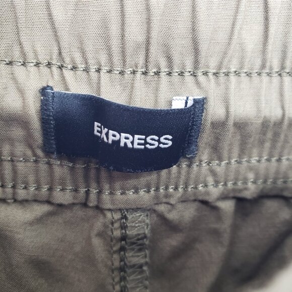 Express Pull on Cargo Shorts L Mens Elastic Drawstring Waist Cotton Olive Green - Picture 5 of 10
